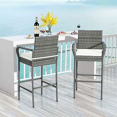 Costway Patio PE Wicker Bar Chairs Counter Height Barstools With Armrests &Cushions