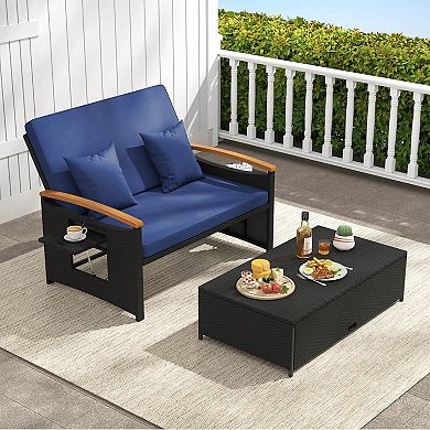 Costway Patio Rattan Daybed Set with Cushioned Loveseat & Storage Ottoman for Porch