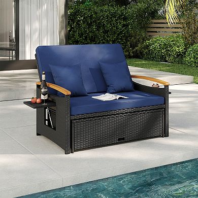Costway Patio Rattan Daybed Set with Cushioned Loveseat & Storage Ottoman for Porch