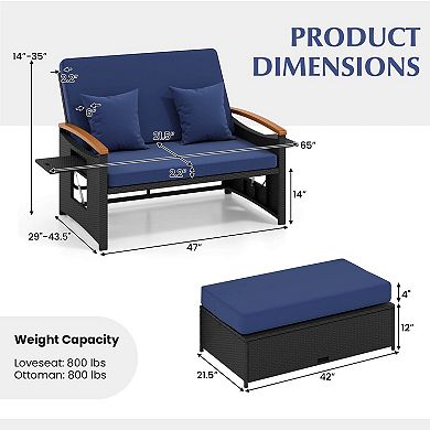 Costway Patio Rattan Daybed Set with Cushioned Loveseat & Storage Ottoman for Porch