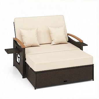 Costway Patio Rattan Daybed Set with Cushioned Loveseat & Storage Ottoman for Porch