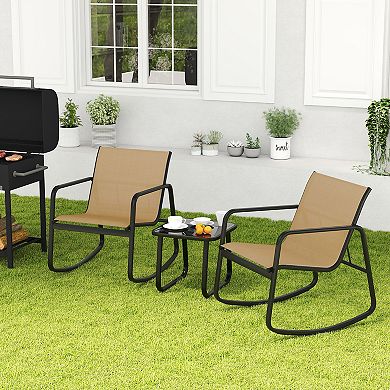 Costway 3 Piece Patio Rocking Set 2 Rocking Bistro Chairs & Glass-Top Table for Porch