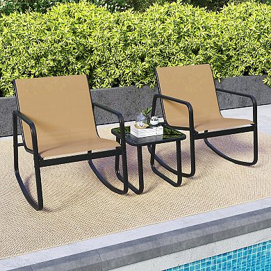 Costway 3 Piece Patio Rocking Set 2 Rocking Bistro Chairs & Glass-Top Table for Porch