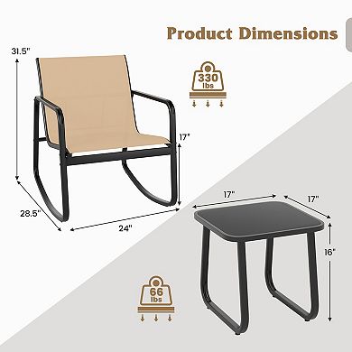 Costway 3 Piece Patio Rocking Set 2 Rocking Bistro Chairs & Glass-Top Table for Porch