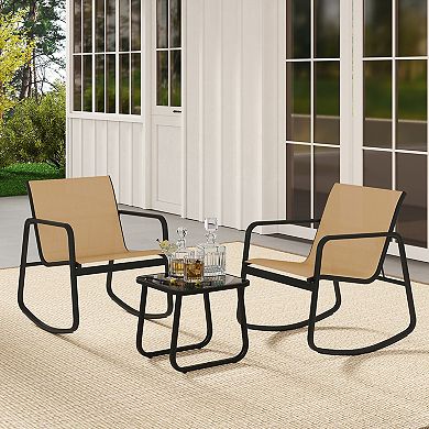 Costway 3 Piece Patio Rocking Set 2 Rocking Bistro Chairs & Glass-Top Table for Porch