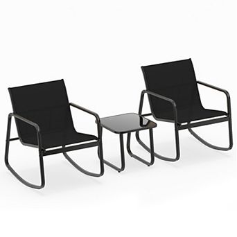 Costway 3 pc Patio Rocking Set 2 Rocking Bistro Chairs & Glass-Top Table for Porch