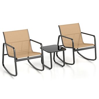 Costway 3 pc Patio Rocking Set 2 Rocking Bistro Chairs & Glass-Top Table for Porch