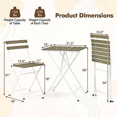 Costway 3 PCS Patio Acacia Wood Bistro Set Bistro Table with 2 Folding Chairs Slatted Seat