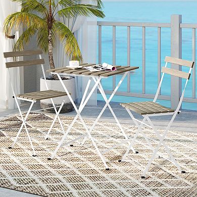 Costway 3 PCS Patio Acacia Wood Bistro Set Bistro Table with 2 Folding Chairs Slatted Seat