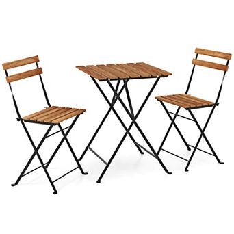 Costway 3 pc Patio Acacia Wood Bistro Set Bistro Table with 2 Folding Chairs Slatted Seat