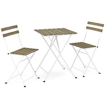 Costway 3 pc Patio Acacia Wood Bistro Set Bistro Table with 2 Folding Chairs Slatted Seat