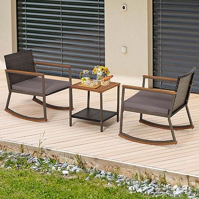 Costway 3 PCS Patio Rattan Rocking Chair Bistro Set Armrest Cushion Table with Storage Shelf