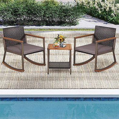Costway 3 PCS Patio Rattan Rocking Chair Bistro Set Armrest Cushion Table with Storage Shelf