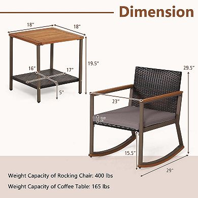Costway 3 PCS Patio Rattan Rocking Chair Bistro Set Armrest Cushion Table with Storage Shelf