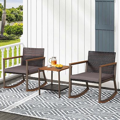 Costway 3 PCS Patio Rattan Rocking Chair Bistro Set Armrest Cushion Table with Storage Shelf