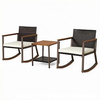 Costway 3 pc Patio Rattan Rocking Chair Bistro Set Armrest Cushion Table with Storage Shelf