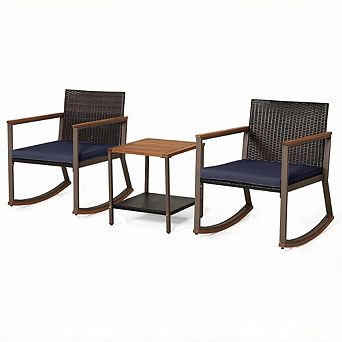 Costway 3 pc Patio Rattan Rocking Chair Bistro Set Armrest Cushion Table with Storage Shelf