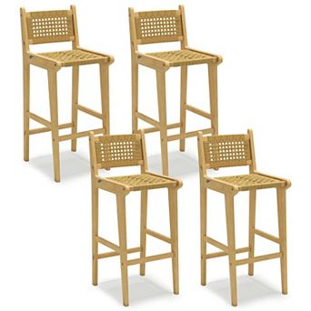 Costway Patio Teak Wood Bar Stool Outdoor Bar Height Chair with Rattan Backrest & Seat