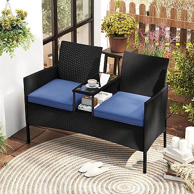 Costway Patio Loveseat with Built-in Table Soft Cushions & Tempered Glass Tabletop