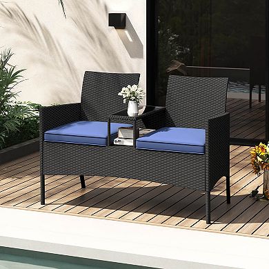 Costway Patio Loveseat with Built-in Table Soft Cushions & Tempered Glass Tabletop