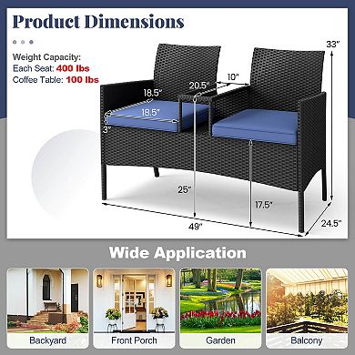 Costway Patio Loveseat with Built-in Table Soft Cushions & Tempered Glass Tabletop