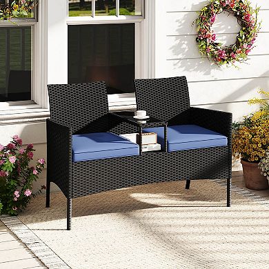Costway Patio Loveseat with Built-in Table Soft Cushions & Tempered Glass Tabletop