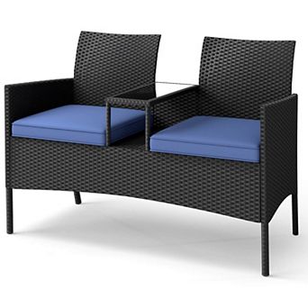 Costway Patio Loveseat with Built-in Table Soft Cushions & Tempered Glass Tabletop