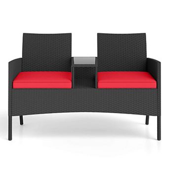 Costway Patio Loveseat with Built-in Table Soft Cushions & Tempered Glass Tabletop