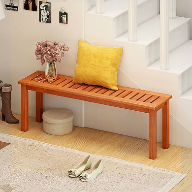 Costway 47 Inch Patio Wood Bench 2-Person Backless Bench with Slatted Seat Teak
