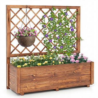 Costway 40" Tall Wooden Raised Garden Bed with Lattice Trellis for Climbing Vine Flower