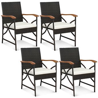 Costway Wicker Dining Chair with Wood Armrests & Curved Backrest, Soft Cushion