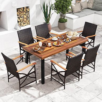 Costway Wicker Dining Chair with Wood Armrests & Curved Backrest, Soft Cushion