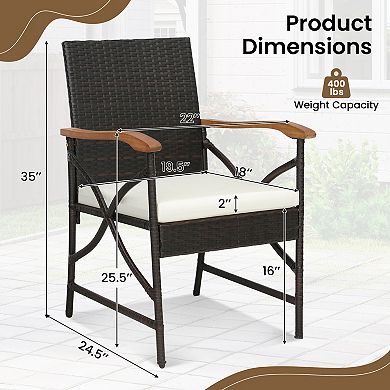 Costway Wicker Dining Chair with Wood Armrests & Curved Backrest, Soft Cushion