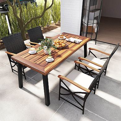Costway Wicker Dining Chair with Wood Armrests & Curved Backrest, Soft Cushion