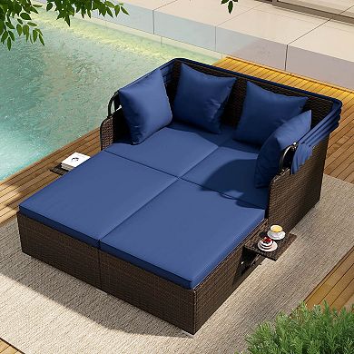 Costway Patio Rattan Daybed Lounge Retractable Top Canopy Side Tables Cushions