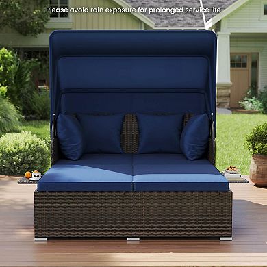 Costway Patio Rattan Daybed Lounge Retractable Top Canopy Side Tables Cushions