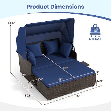 Costway Patio Rattan Daybed Lounge Retractable Top Canopy Side Tables Cushions