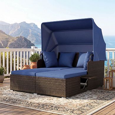 Costway Patio Rattan Daybed Lounge Retractable Top Canopy Side Tables Cushions