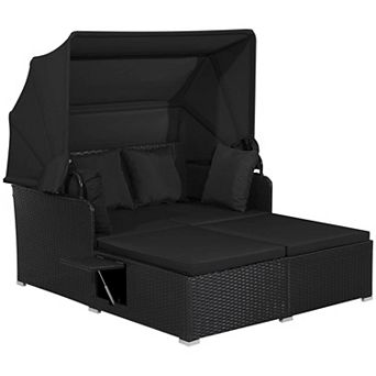 Costway Patio Rattan Daybed Lounge Retractable Top Canopy Side Tables Cushions