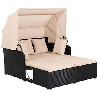 Costway Patio Rattan Daybed Lounge Retractable Top Canopy Side Tables Cushions