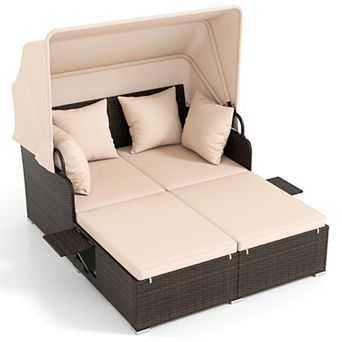 Costway Patio Rattan Daybed Lounge Retractable Top Canopy Side Tables Cushions