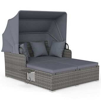 Costway Patio Rattan Daybed Lounge Retractable Top Canopy Side Tables Cushions