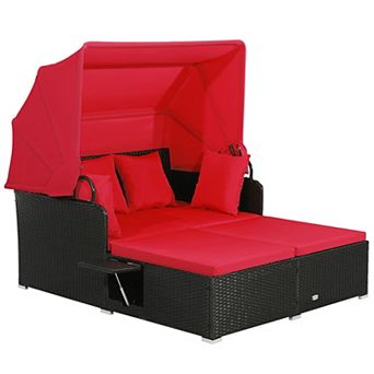 Costway Patio Rattan Daybed Lounge Retractable Top Canopy Side Tables Cushions
