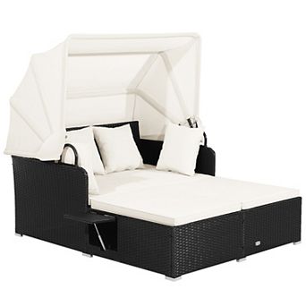 Costway Patio Rattan Daybed Lounge Retractable Top Canopy Side Tables Cushions