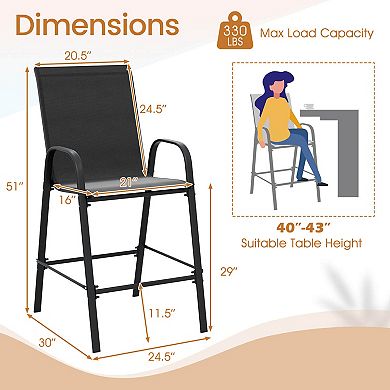 Costway 2 PCS Outdoor Bar Stools 29" Fabric Bar Height Stools with Armrests & Footrest