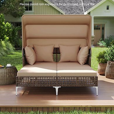 Costway Outdoor Rattan Double Daybed with Retractable Canopy & Seat Back Cushions