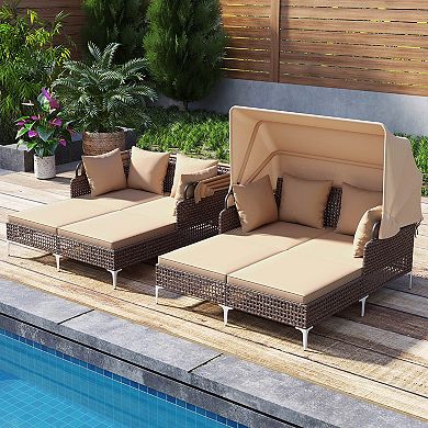 Costway Outdoor Rattan Double Daybed with Retractable Canopy & Seat Back Cushions