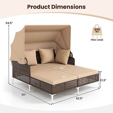 Costway Outdoor Rattan Double Daybed with Retractable Canopy & Seat Back Cushions