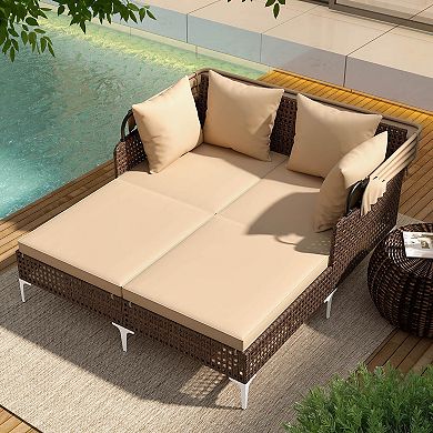 Costway Outdoor Rattan Double Daybed with Retractable Canopy & Seat Back Cushions