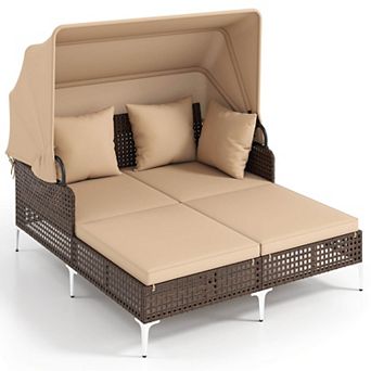 Costway Outdoor Rattan Double Daybed with Retractable Canopy & Seat Back Cushions